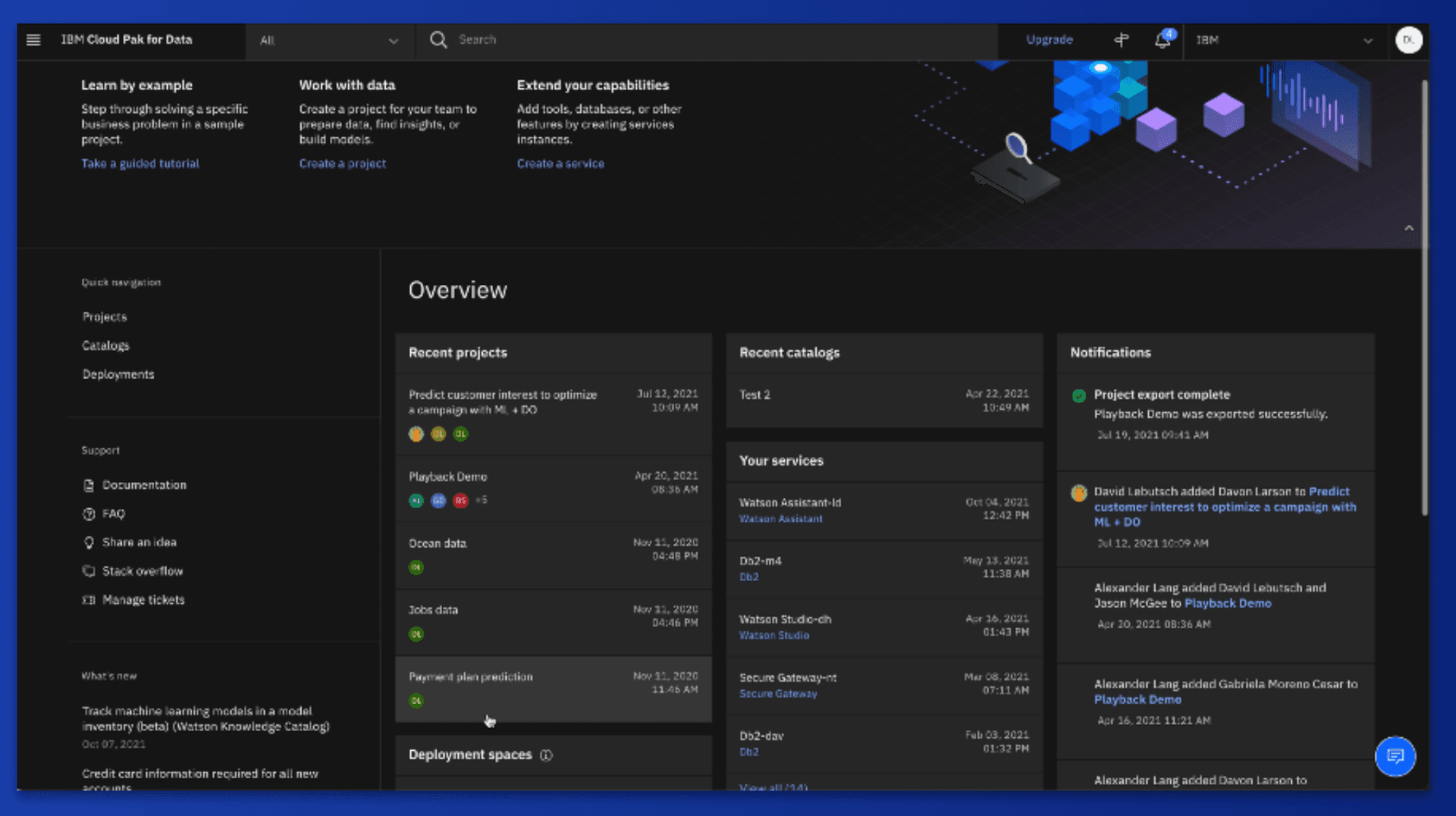 Cloud Pak for Data home — the command center for enterprise data teams