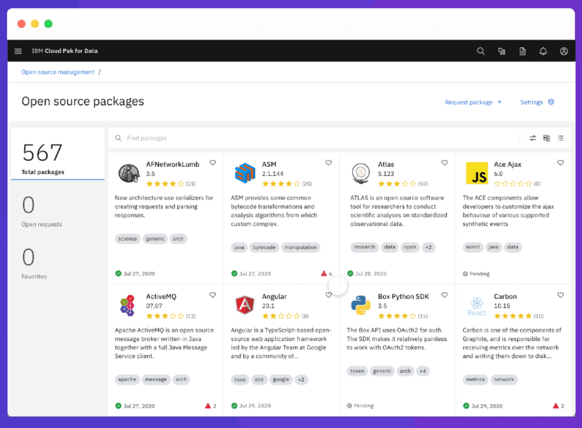 Package catalog — filtering, requesting, and managing the approved open source library
