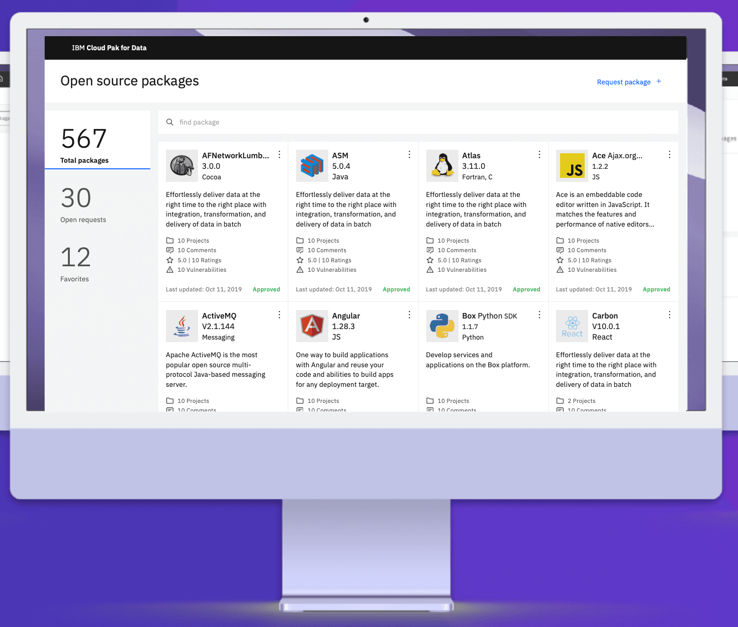 OSM browse view — 567 packages organized by approval status, vulnerabilities, and community ratings