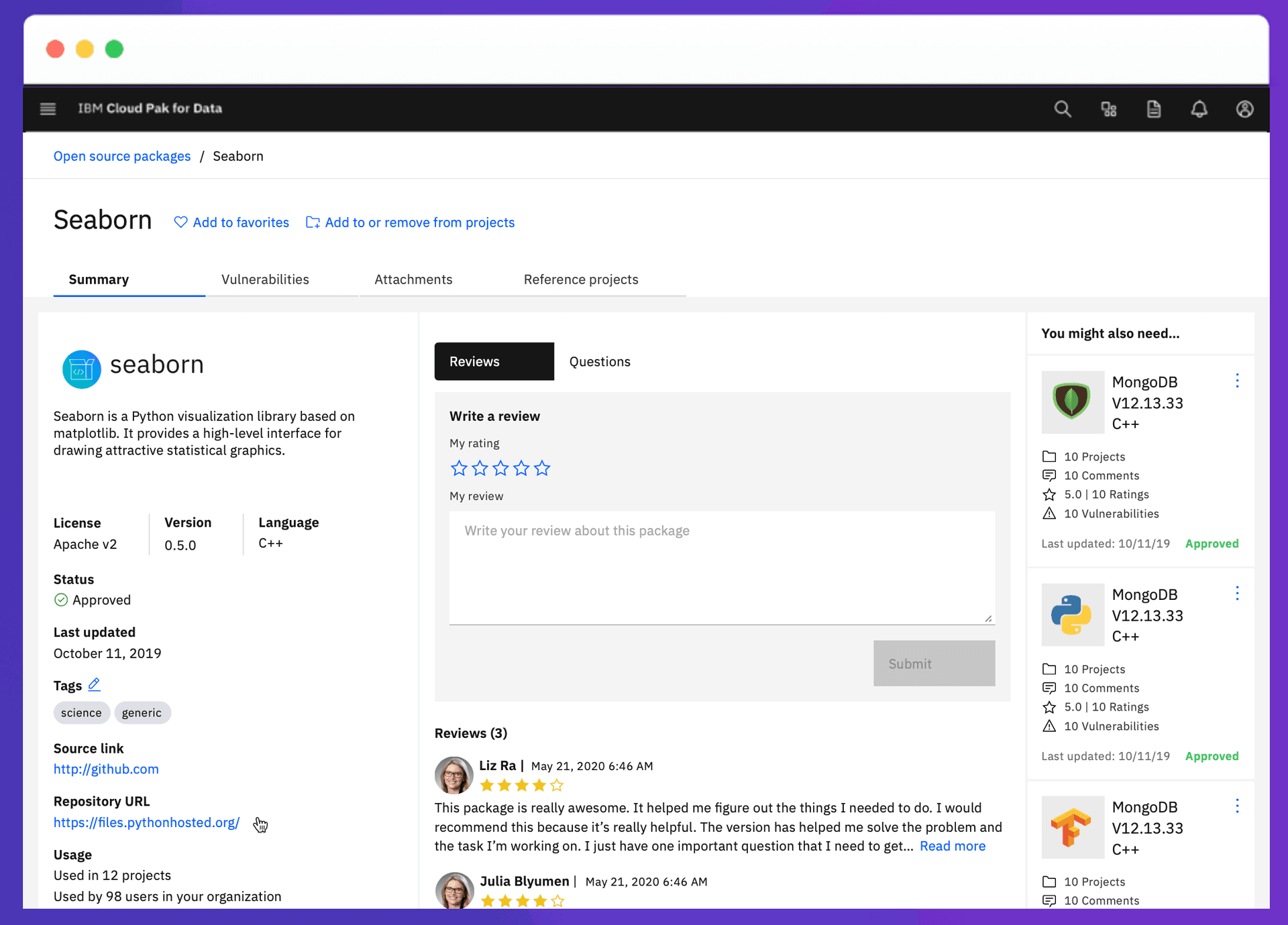 Package detail view — vulnerabilities, community reviews, licensing, and usage all in one place