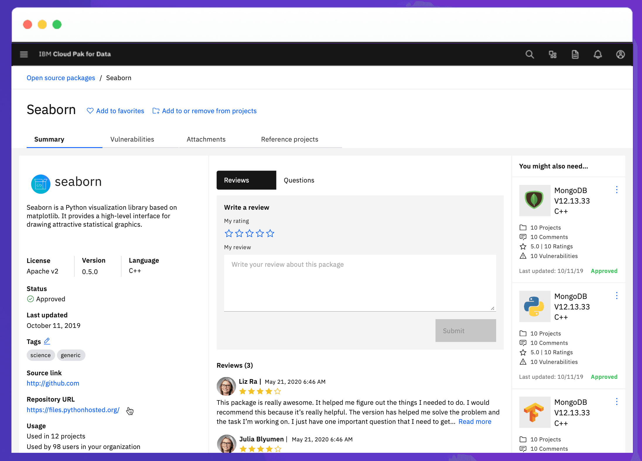 Package detail view — vulnerabilities, community reviews, licensing, and usage all in one place