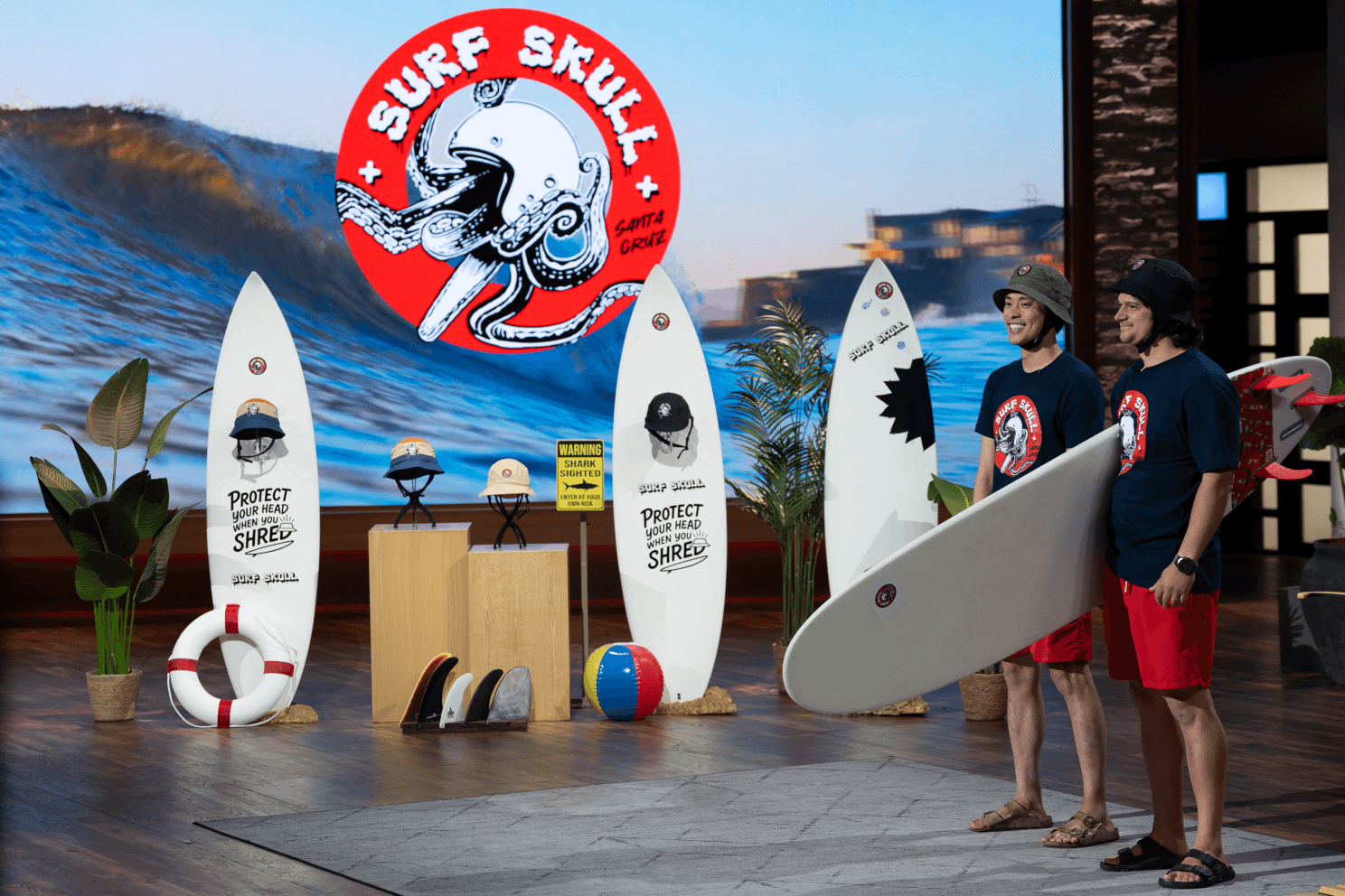 Davon and Paul pitching Surf Skull on the Shark Tank set